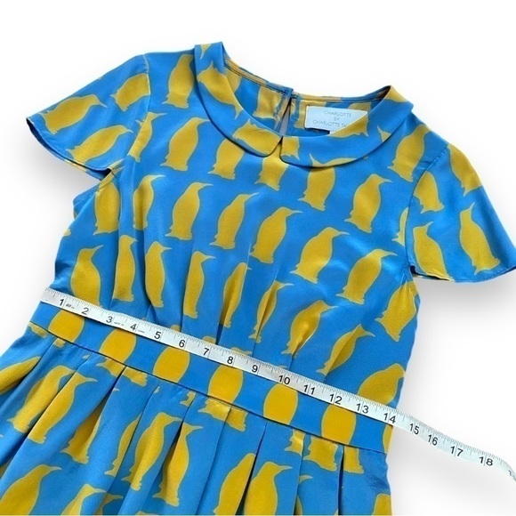 Charlotte By Charlotte Taylor Blue & Yellow Penguin Print Silk Blouse | Size 4 - Picture 12 of 14